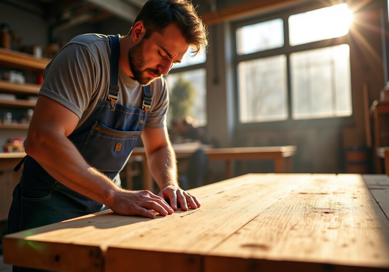 Mistrz stolarski pracujący przy drewnianym blacie