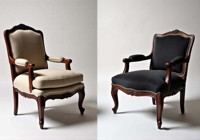 Zestawienie przed i po renowacji zabytkowego krzesła Ludwik
